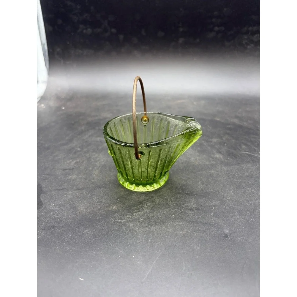 Vintage Green Glass Coal Scuttle Bucket Miniature Toothpick Holder Ribbed Design